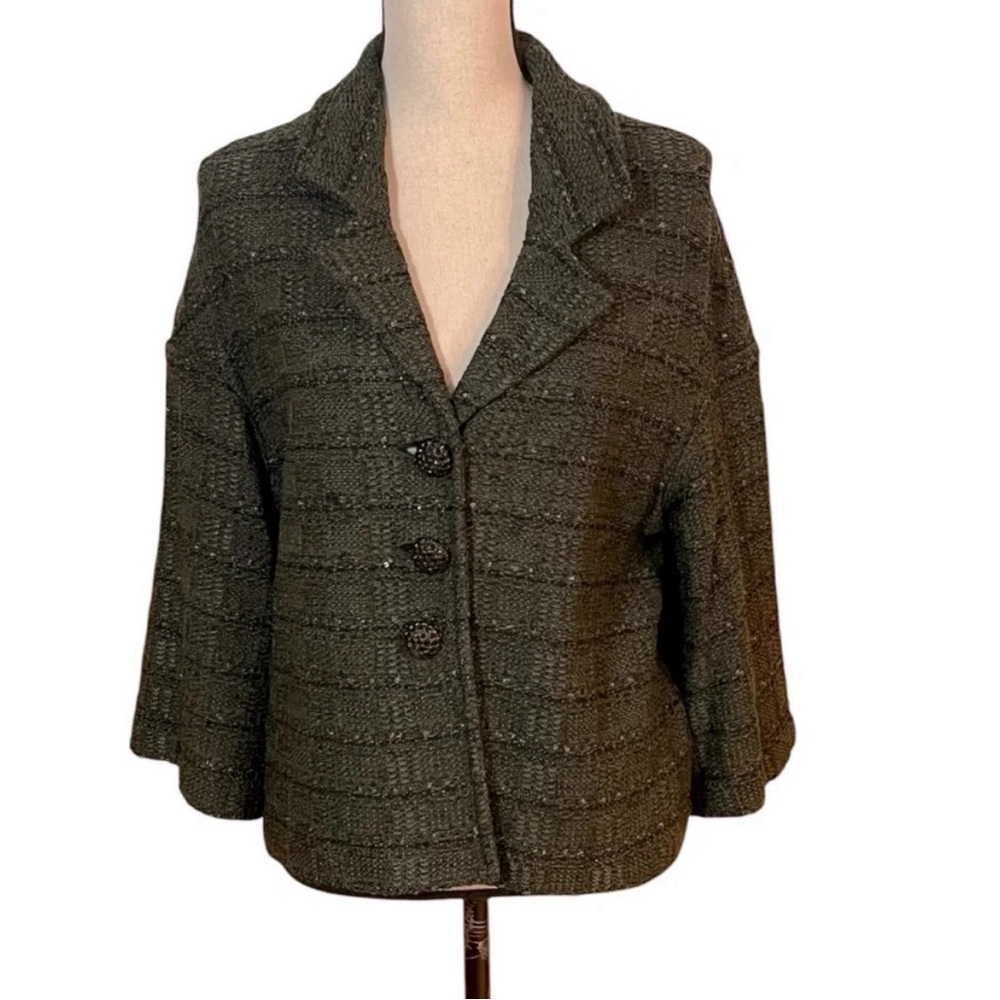 St. John Dark Green Sequin Textured Button Jacket Sz-12